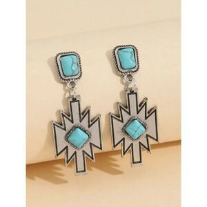 WESTERN BOHO SILVER TURQUOISE CROSS DANGLE EARRINGS